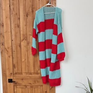 Long Open-Front Stripe Cardigan Sweater in Aqua and Red